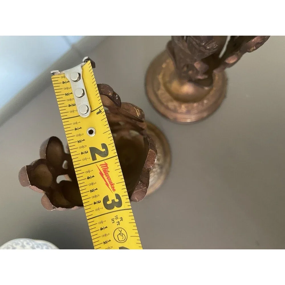 Vtg Art Nouveau Bronz Candlestick Holders Floral Motif Pair Taper Candle 7